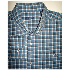 FISH HIPPIE "Tailored Fit" Flannel Blue, Orange, White Plaid Long Sleeve Shirt
